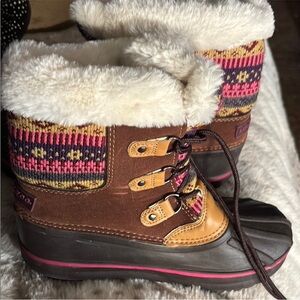 London Fog Brown and Pink Kids Snow Boots